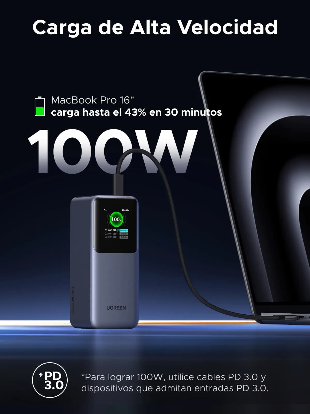 Ugreen 20000mAh 130W Fast Charging Powerbank Litio Gris 14