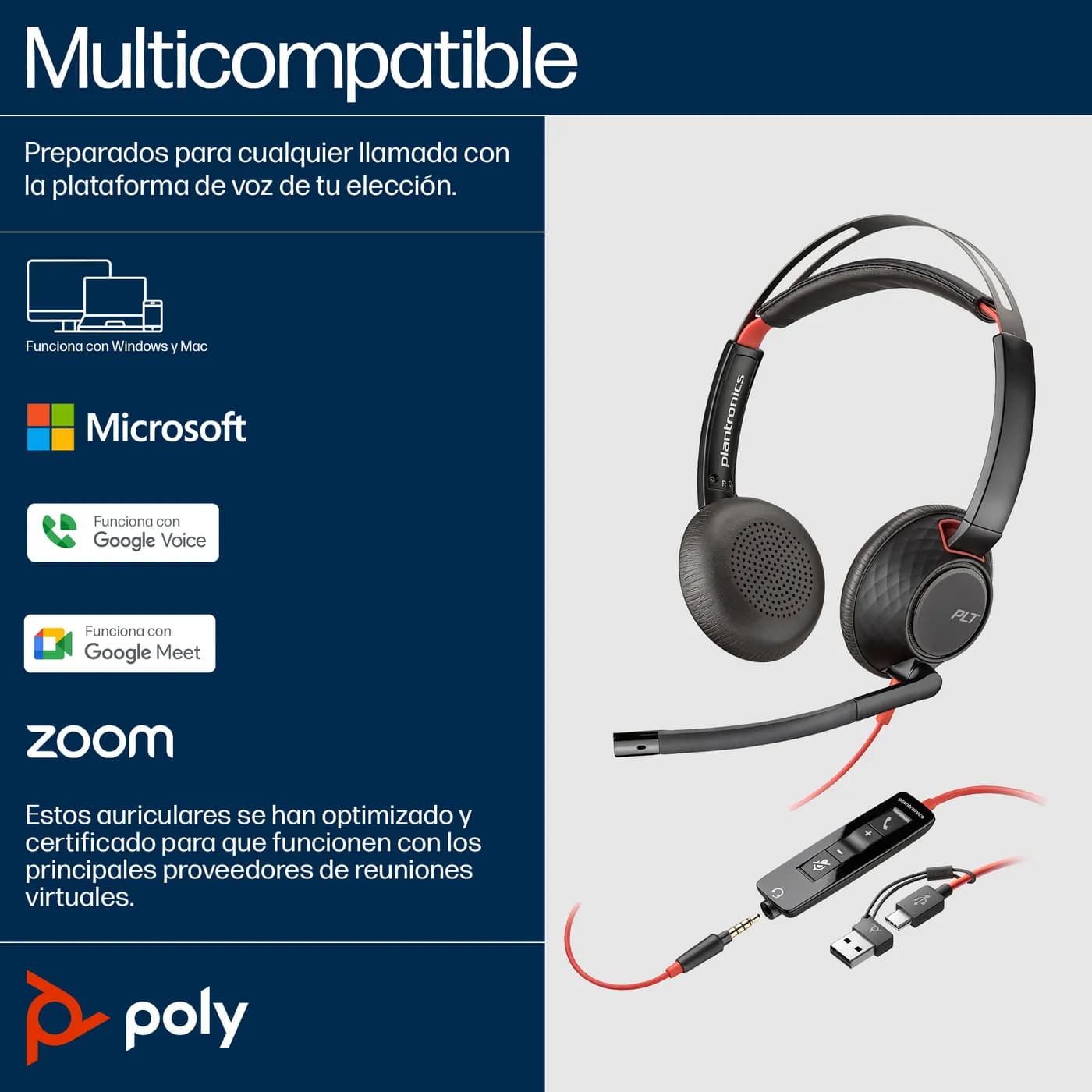 HP Poly Auriculares estéreo Poly Blackwire 5220 + conector de 3,5 mm + 5
