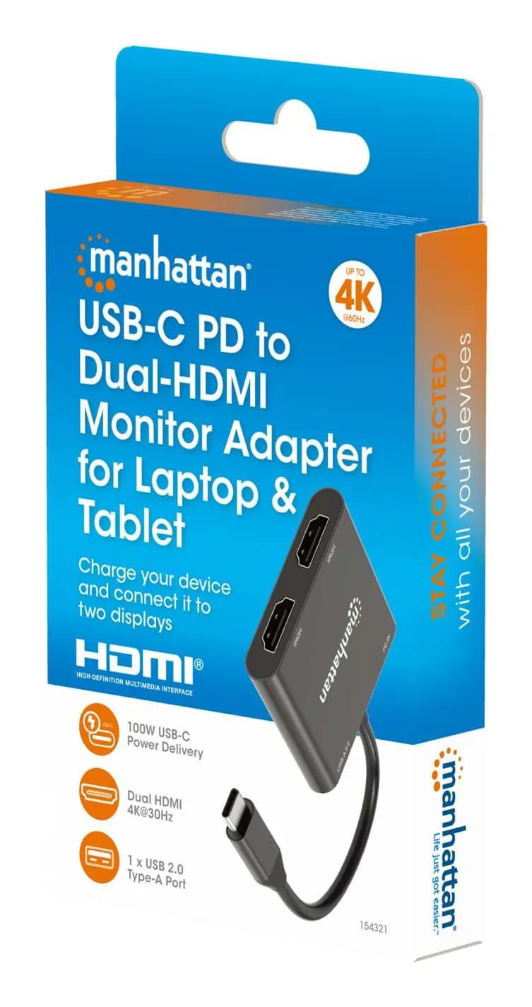 Manhattan Adaptador multipuerto con USB tipo C macho a dos puertos HDM 2