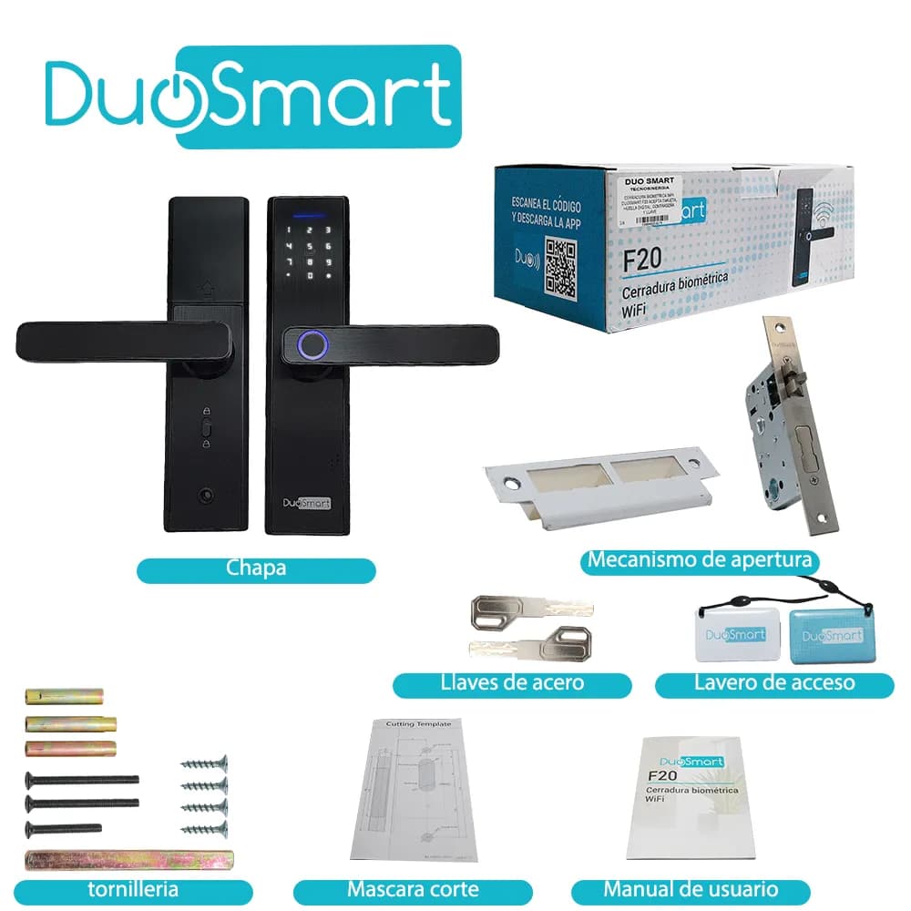 CERRADURA BIOMETRICA WIFI 2.4 GHZ DUOSMART F20 ACEPTA TARJETAS MF HUEL 6