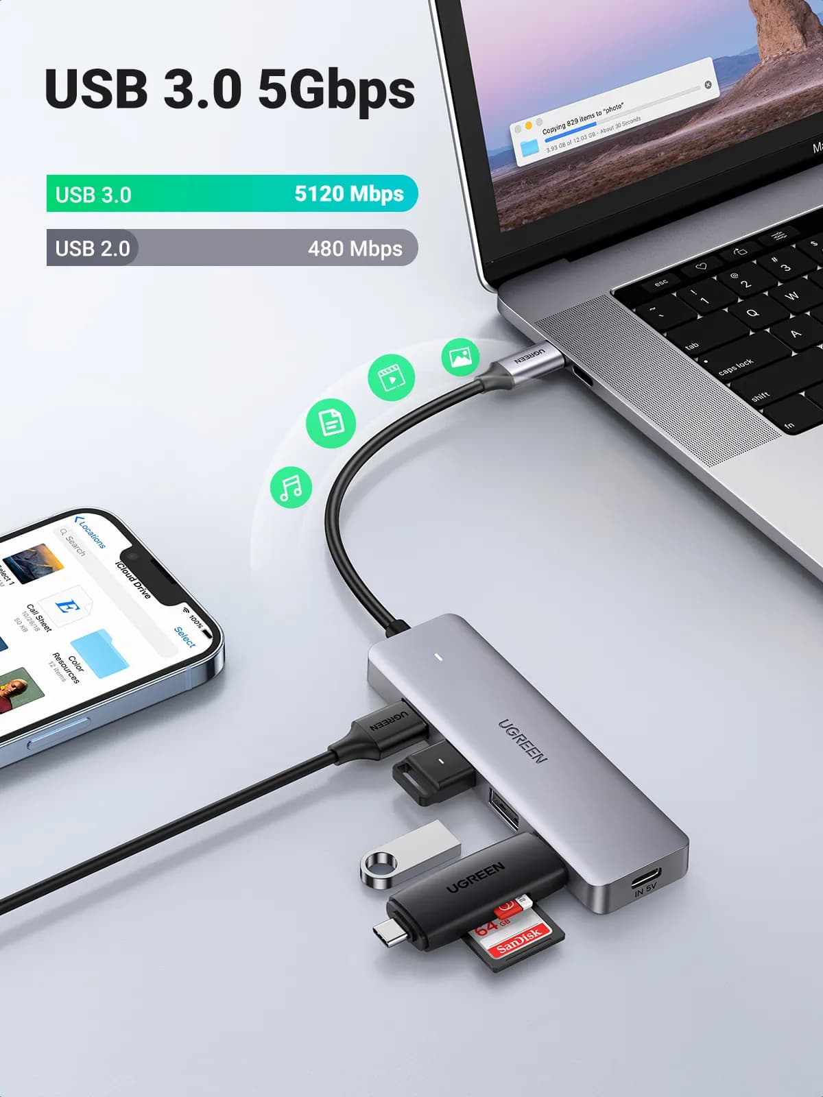 Ugreen 70336 nodo concentrador USB 3.2 Gen 1 (3.1 Gen 1) Type-C 5000 M 14