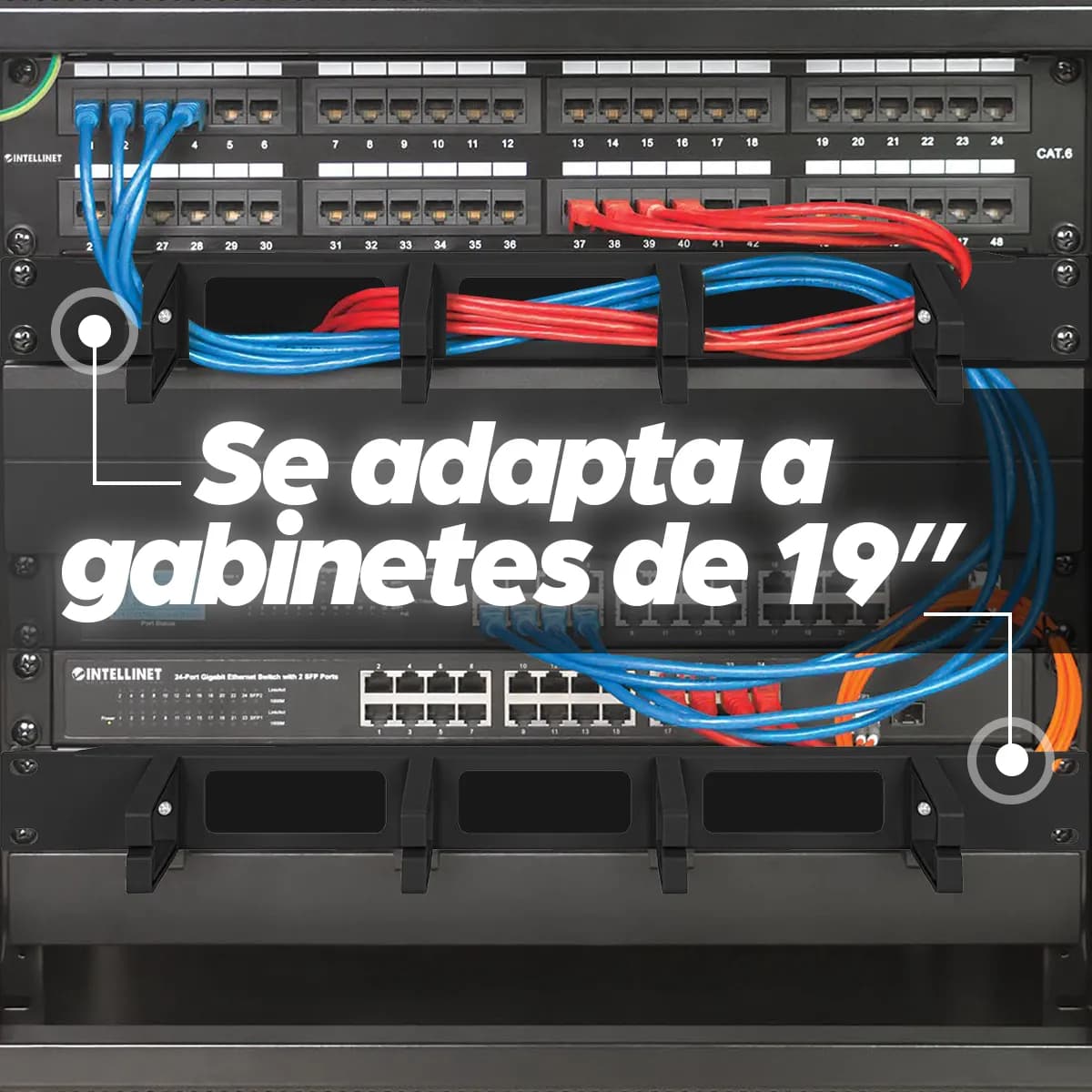 Intellinet Panel Administrador de Cable 19" 1 U, 4 arillos plásticos l 2