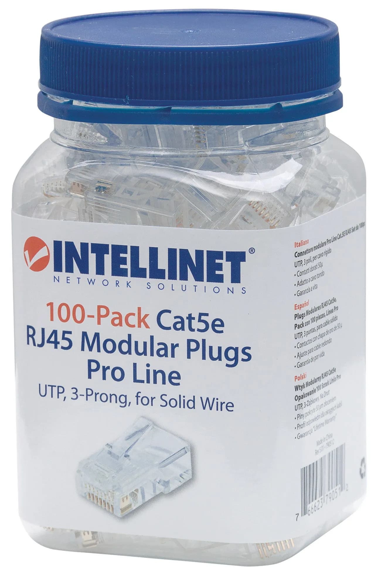 Intellinet PLUG RJ45 CAT5E SOLIDO UTP BOTE 100 PZAS ORO 50-MICRAS PRO 3