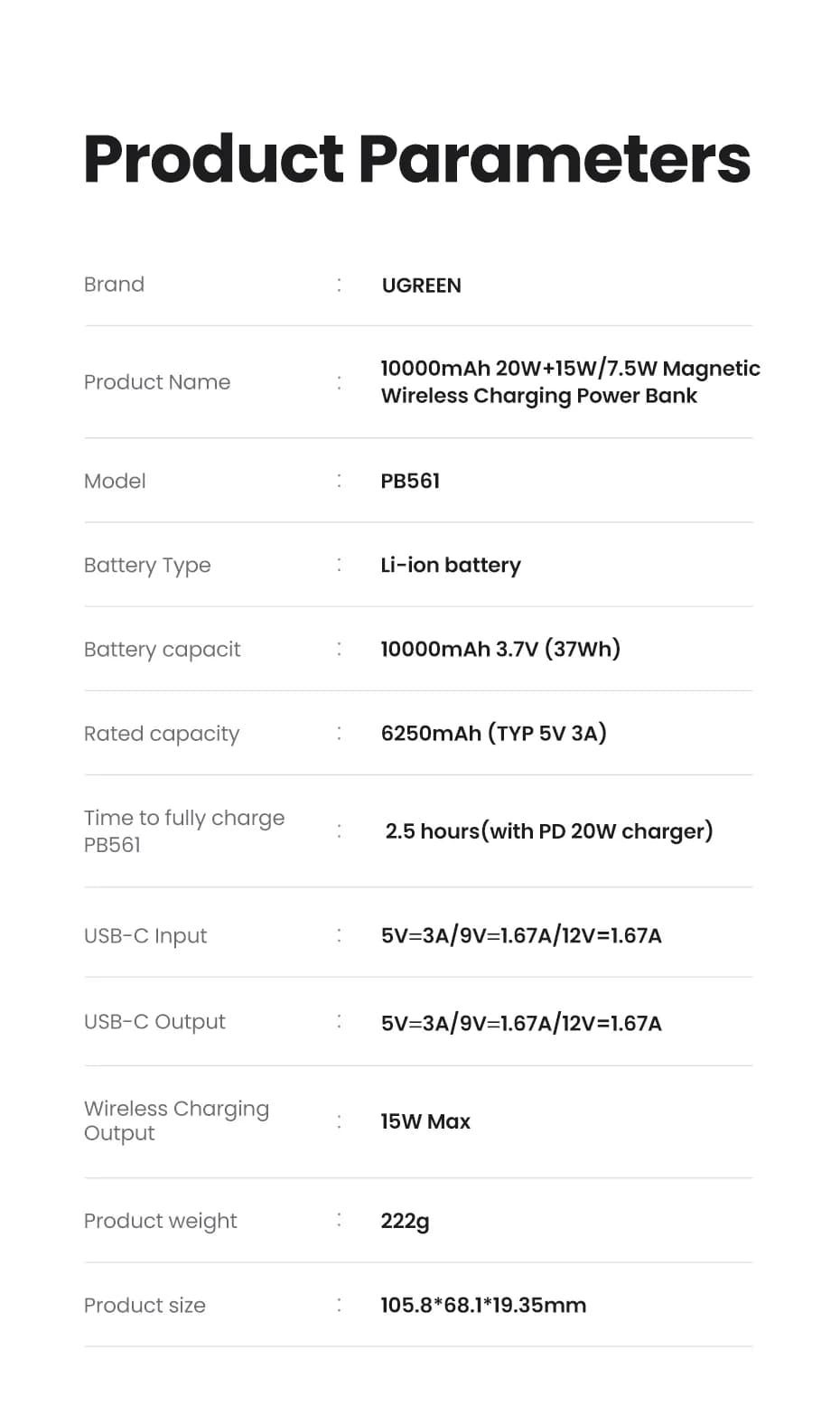 Ugreen 25208 batería externa 10000 mAh Cargador inalámbrico Beige 14