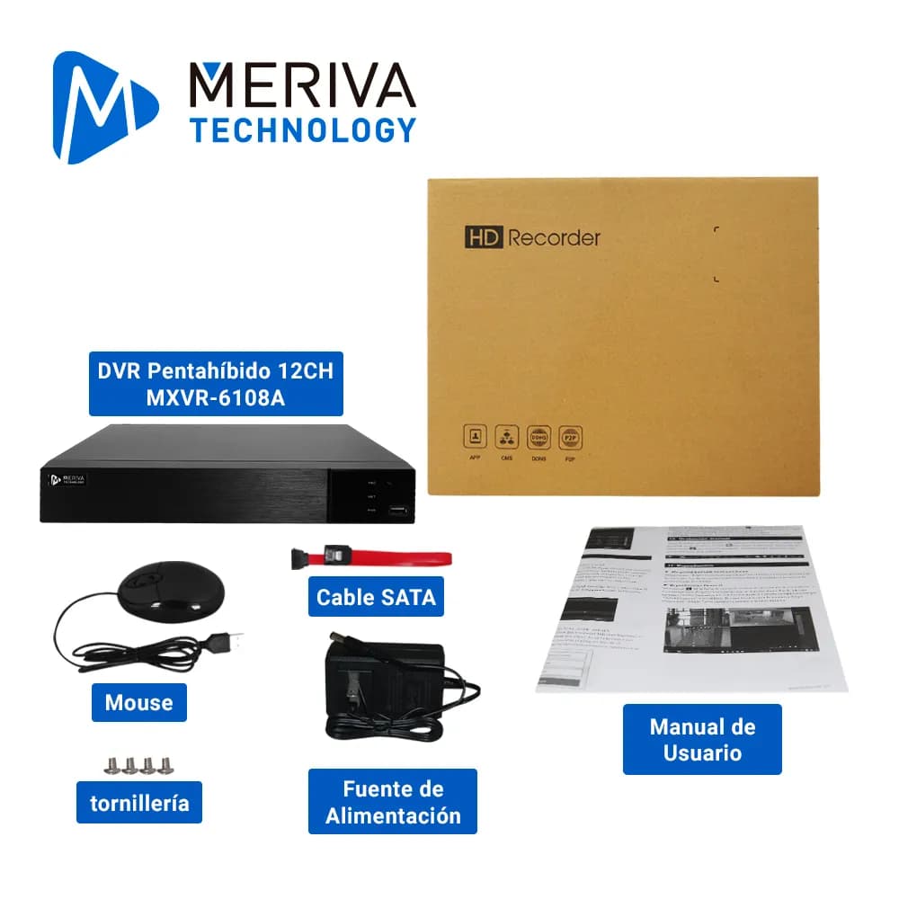 DVR MERIVA TECHNOLOGY MXVR-6108A HD H.265 12 CANALES 5MP 8CH BNC + 4CH 4