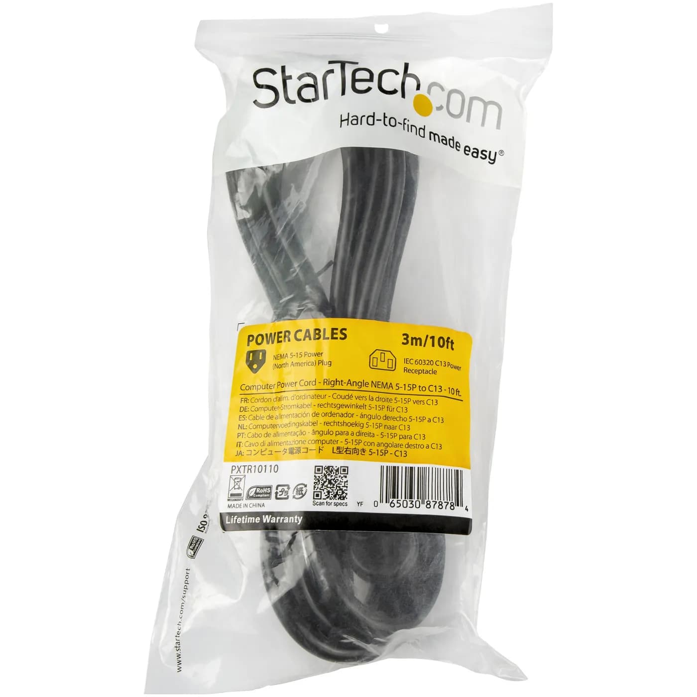 StarTech.com Cable de 3m de Alimentación para Computadora, en Ángulo R 5