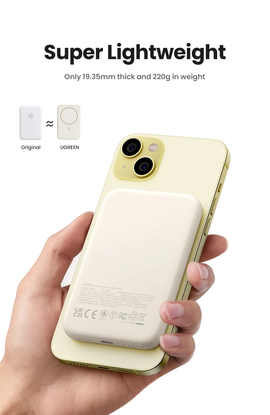 Ugreen 25208 batería externa 10000 mAh Cargador inalámbrico Beige 7