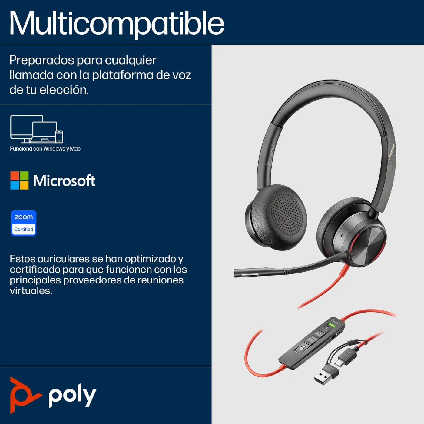 HP Poly Auriculares estéreo USB-C Poly Blackwire 8225 + adaptador USB- 6