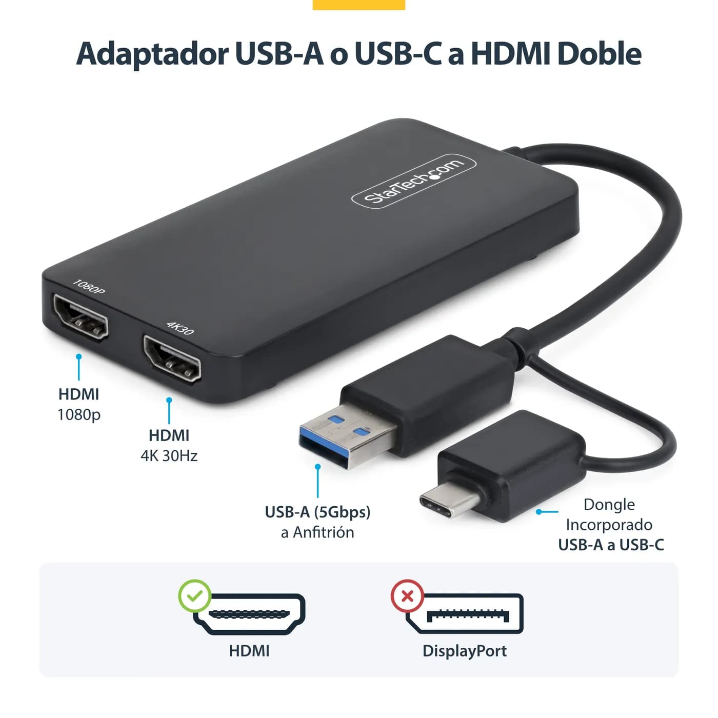 StarTech.com Adaptador de USB a HDMI Doble, USB A/C a 2 Pantallas HDMI 10