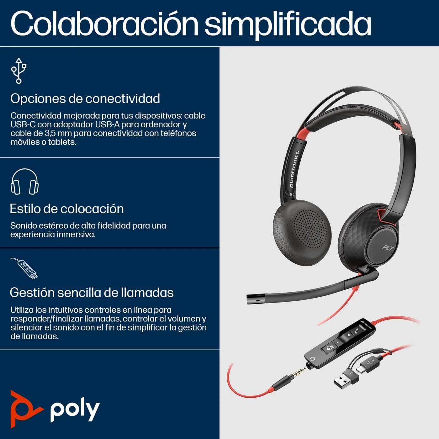 HP Poly Auriculares estéreo Poly Blackwire 5220 + conector de 3,5 mm + 3