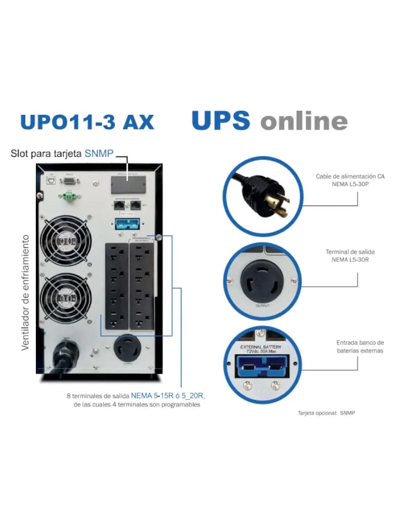 CDP UPO11-3 AX - UPS Online de 3000VA y 3000W con 8 terminales NEMA 5- 2