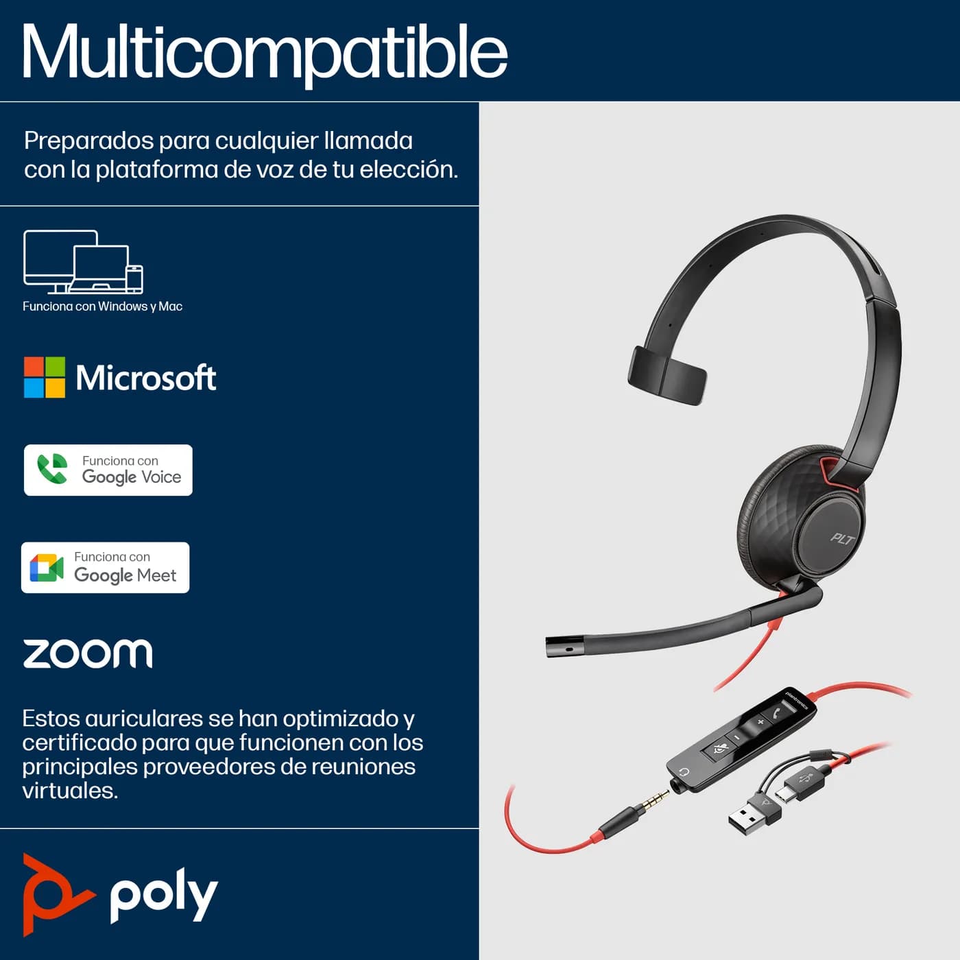 HP Poly Auriculares monoaurales USB-C Poly Blackwire 5210 + conector d 7