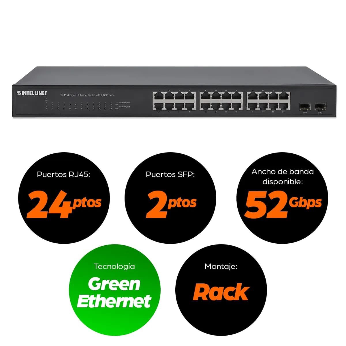 Intellinet Switch de 24 Puertos Gigabit Ethernet con 2 puertos SFP 10