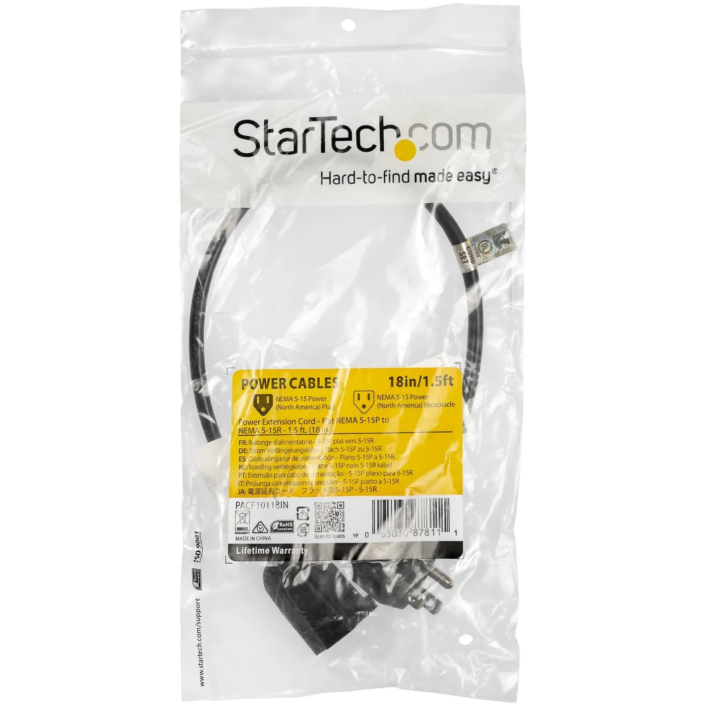 StarTech.com Cable 0.45m de Extensión de Alimentación Plano NEMA 5-15P 5
