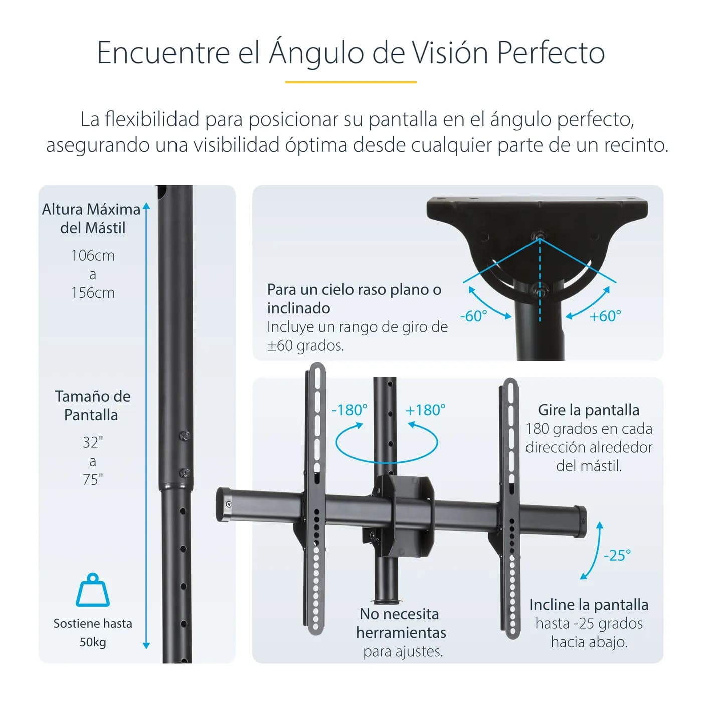 StarTech.com Soporte de Techo para TV - Mástil de 3,5' a 5' 12