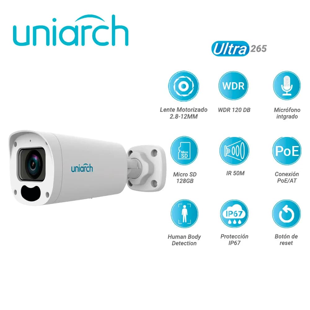 CAMARA IP BULLET UNIARCH IPC-B312-APKZ / 2MP / ULTRA265/ LENTE MOTORIZ 3