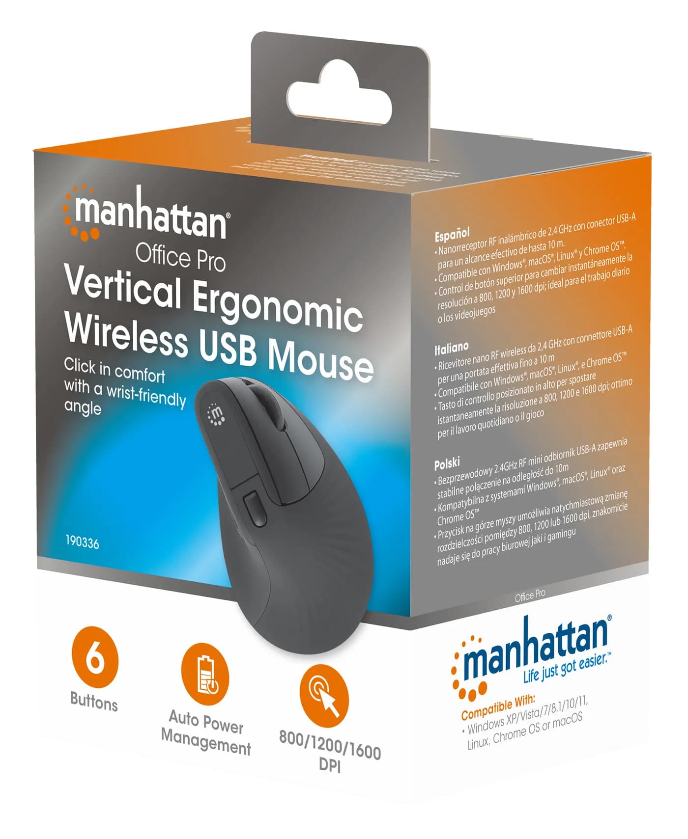 Manhattan 190336 ratón Oficina Diestro RF inalámbrico Óptico 1600 DPI 10