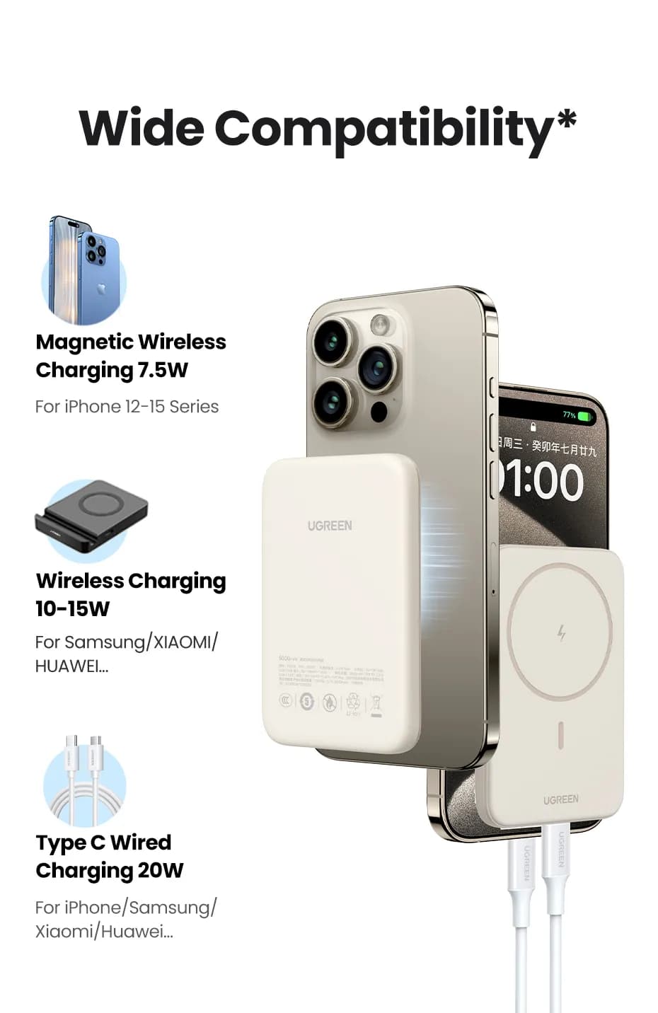 Ugreen 25208 batería externa 10000 mAh Cargador inalámbrico Beige 8