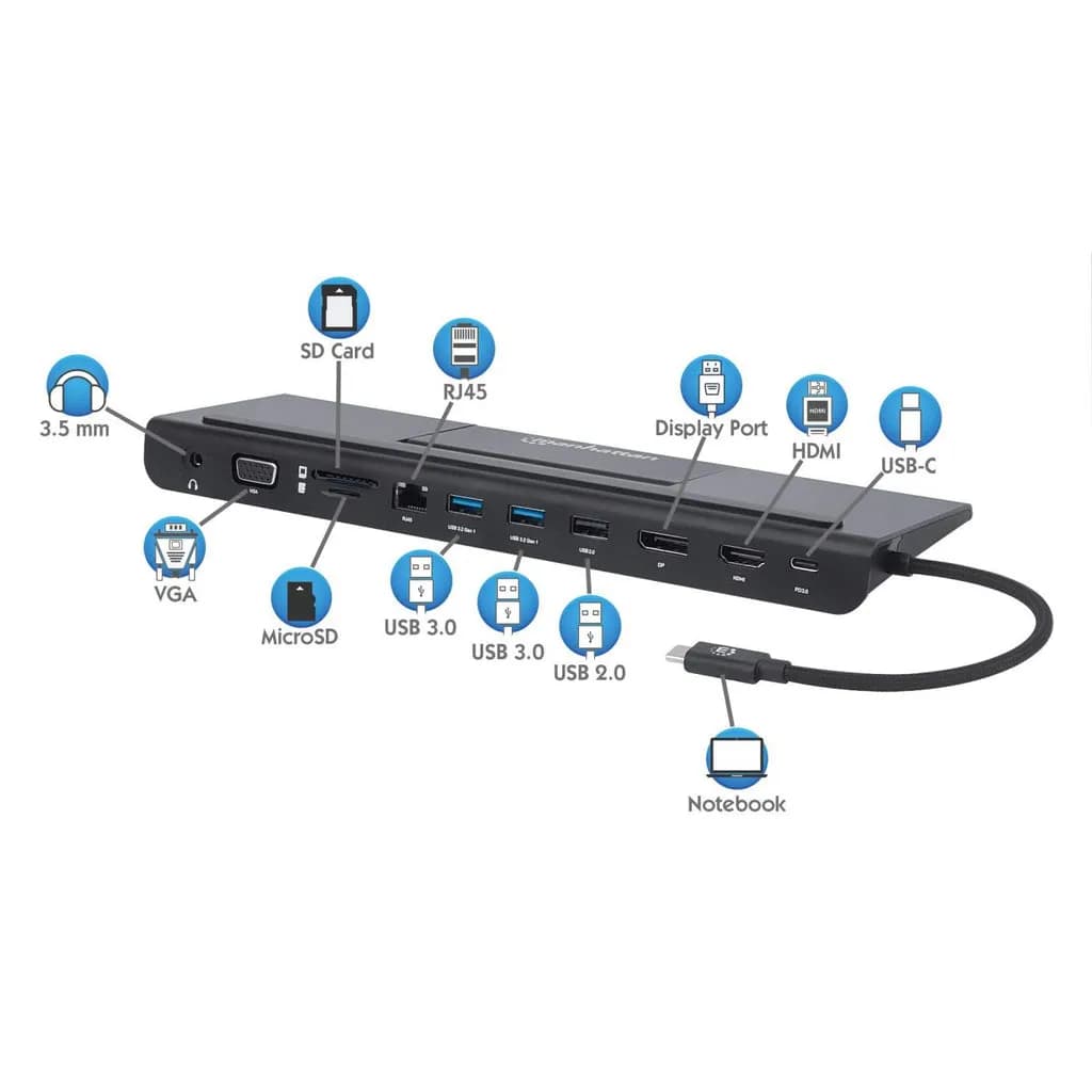 Manhattan Docking station de USB-C a 11 puertos, para tres monitores,  14