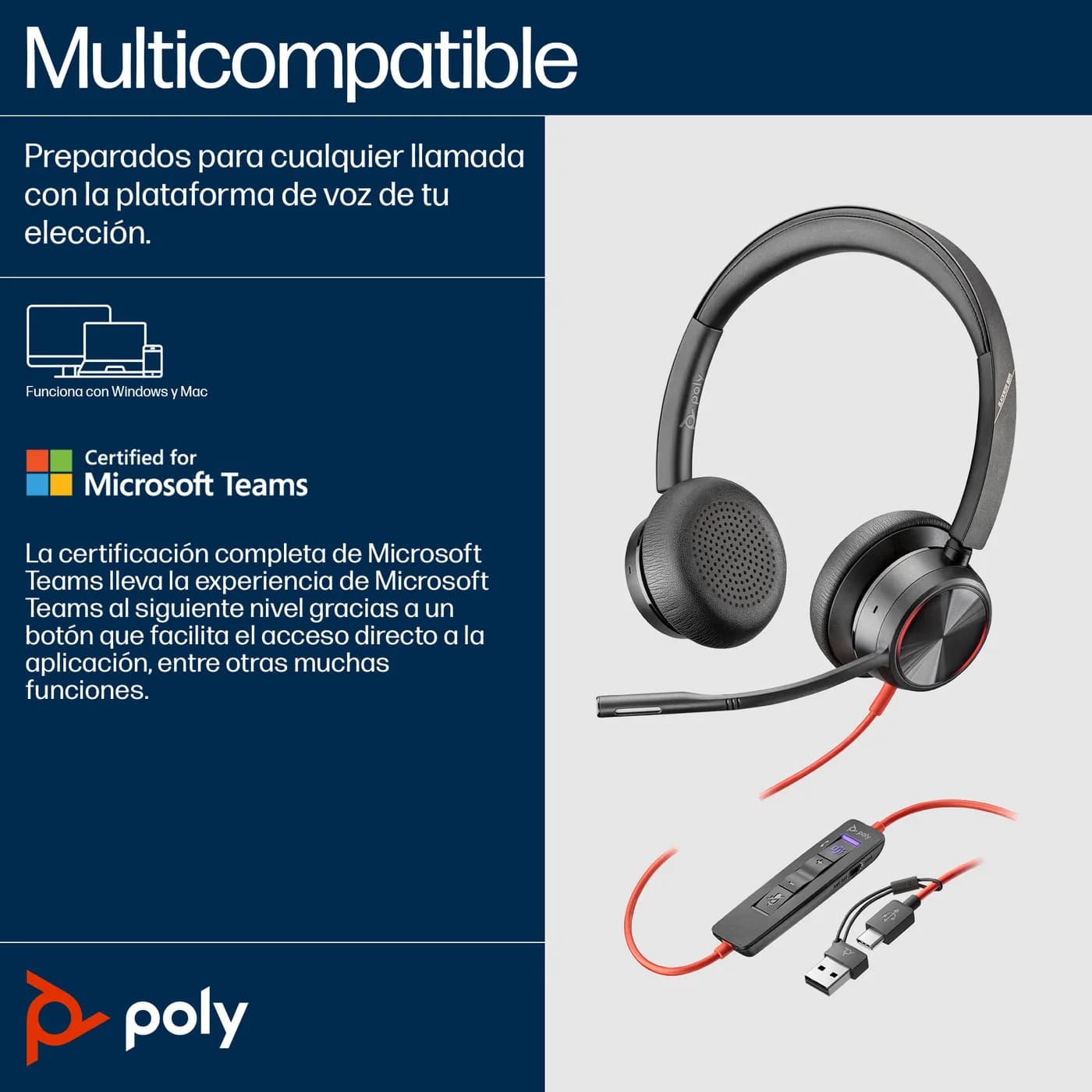 HP Poly Auriculares estéreo USB-C Poly Blackwire 8225 + adaptador USB- 4