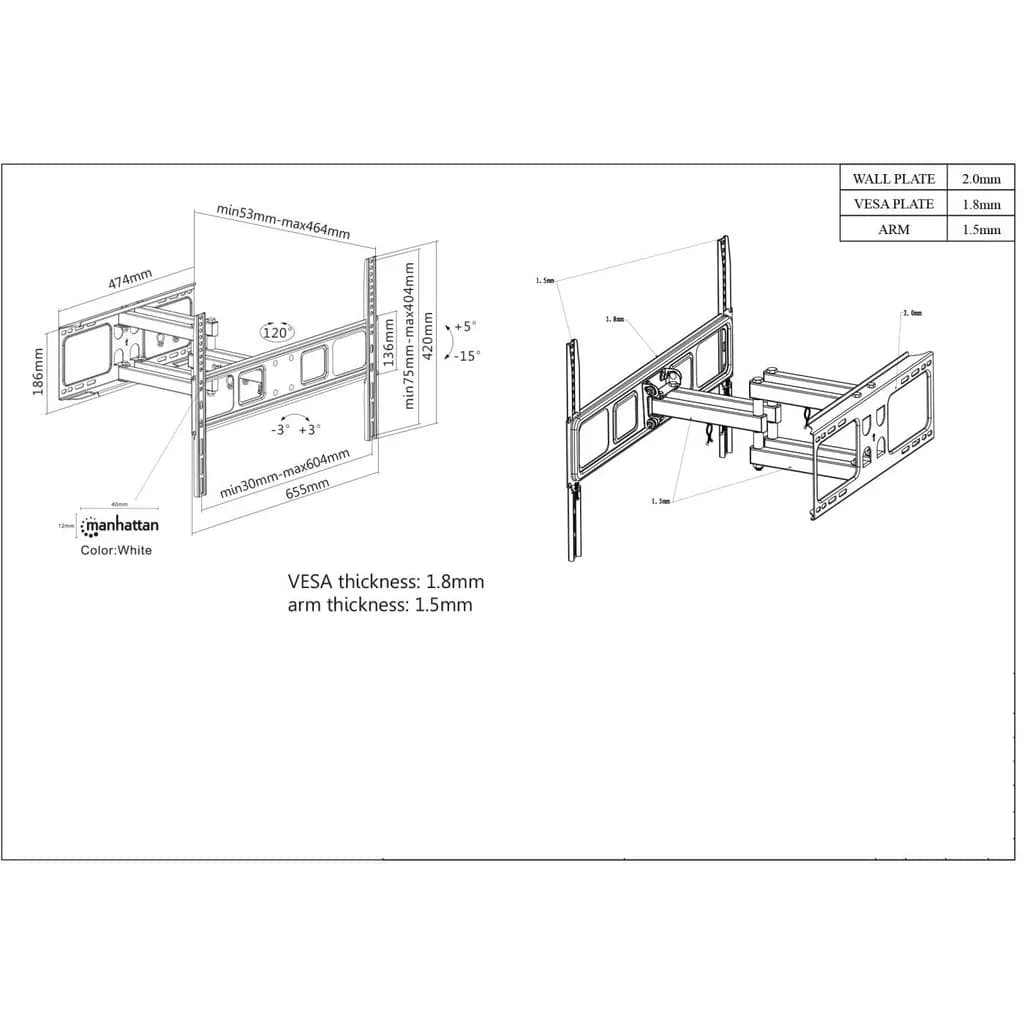 Manhattan Soporte Universal de Pared para TV, con Movimiento Completo, 5