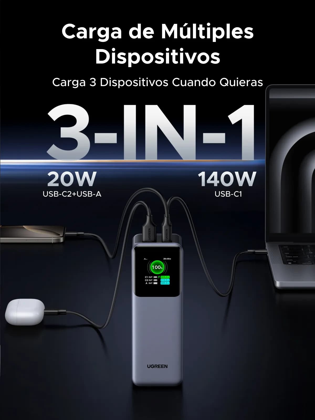 Ugreen 25000mAh 200W Fast Charging Powerbank Gris 16