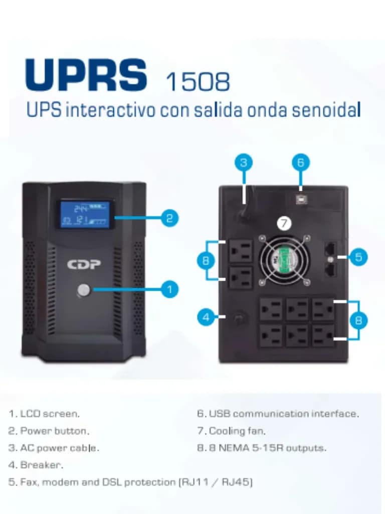 CDP UPRS1508 - UPS Iinteractivo / 1500VA / 1050W  / Onda senoidal pura 2