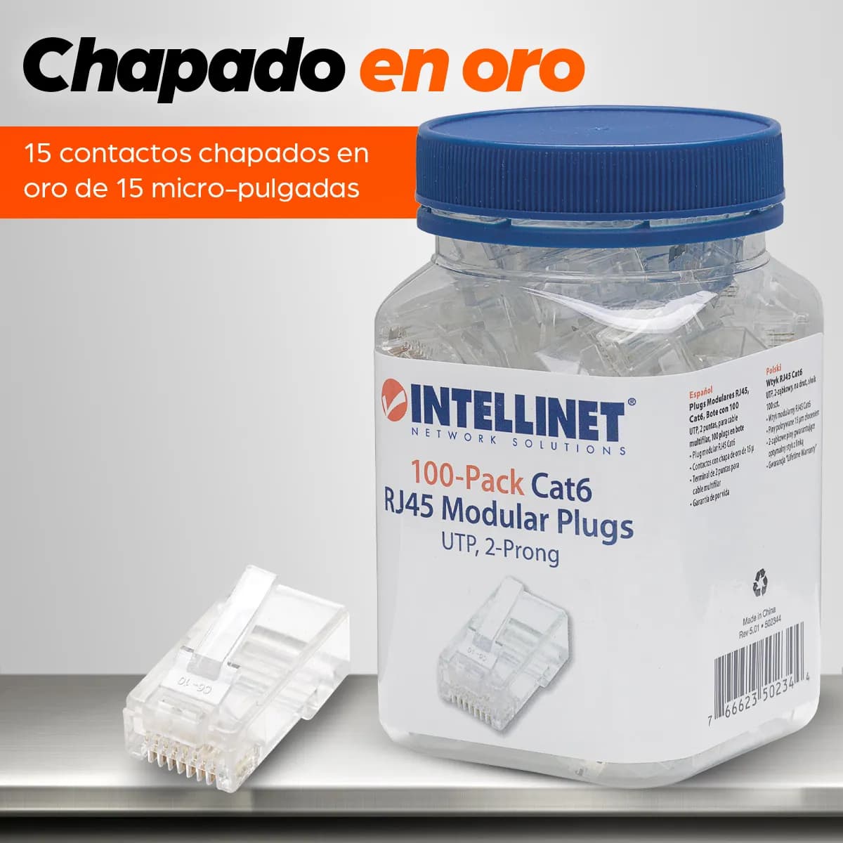 Intellinet PLUG RJ45 CAT6 MULTIFILAR UTP BOTE 100 PZAS ORO 15-MICRAS 4
