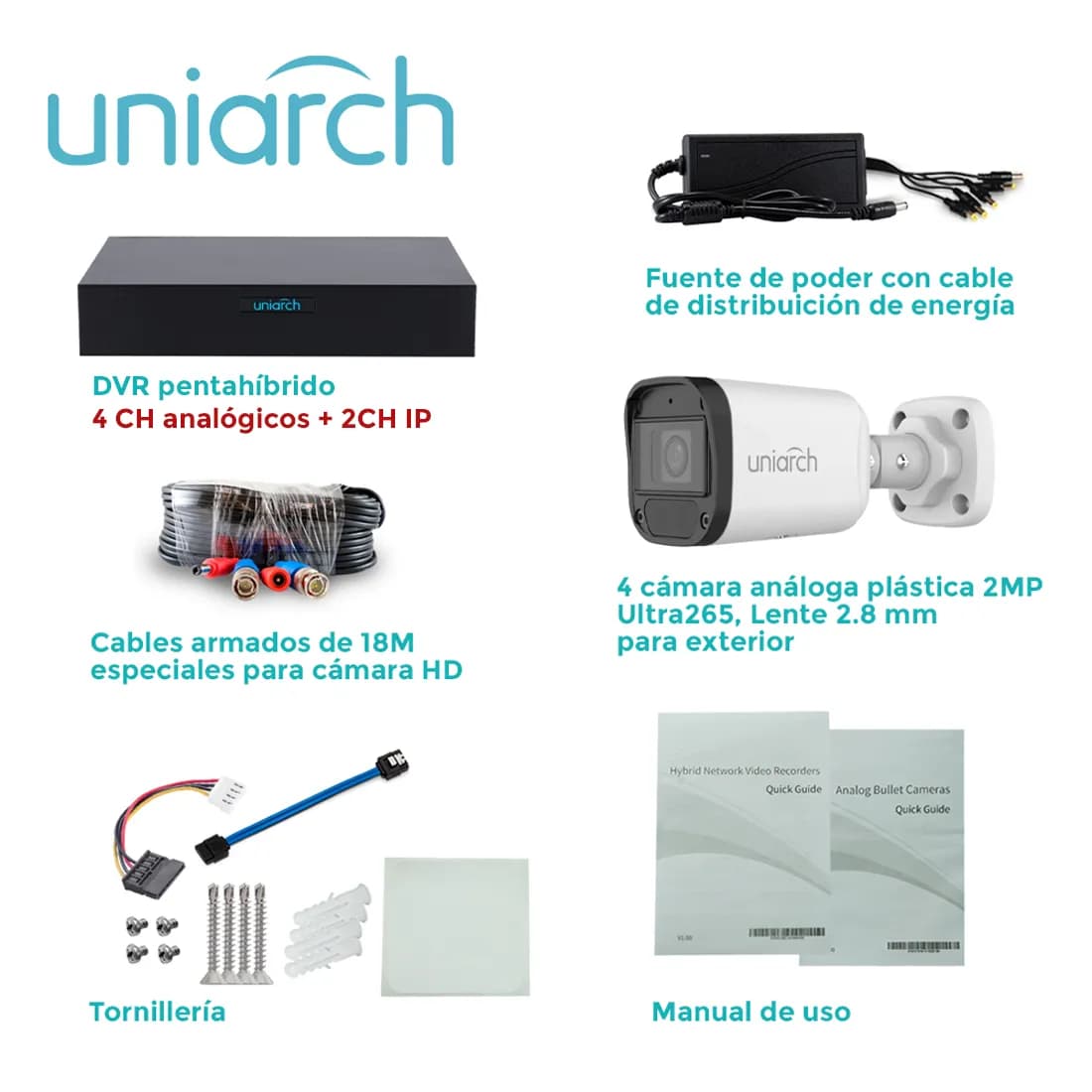 KIT 4X4 HD 2MP UNIARCH KIT-104F / 4CAMARAS-BULLET-UAC-B112-F28 /  2MP  4