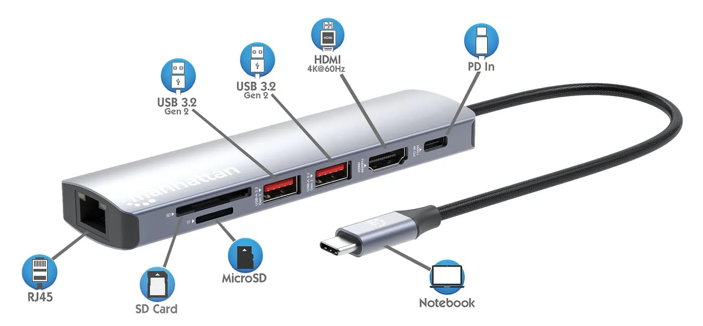 Manhattan Estación Docking USB-C con lector de tarjetas, 7 en 1 8