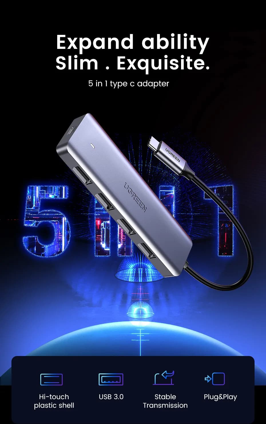 Ugreen 70336 nodo concentrador USB 3.2 Gen 1 (3.1 Gen 1) Type-C 5000 M 3