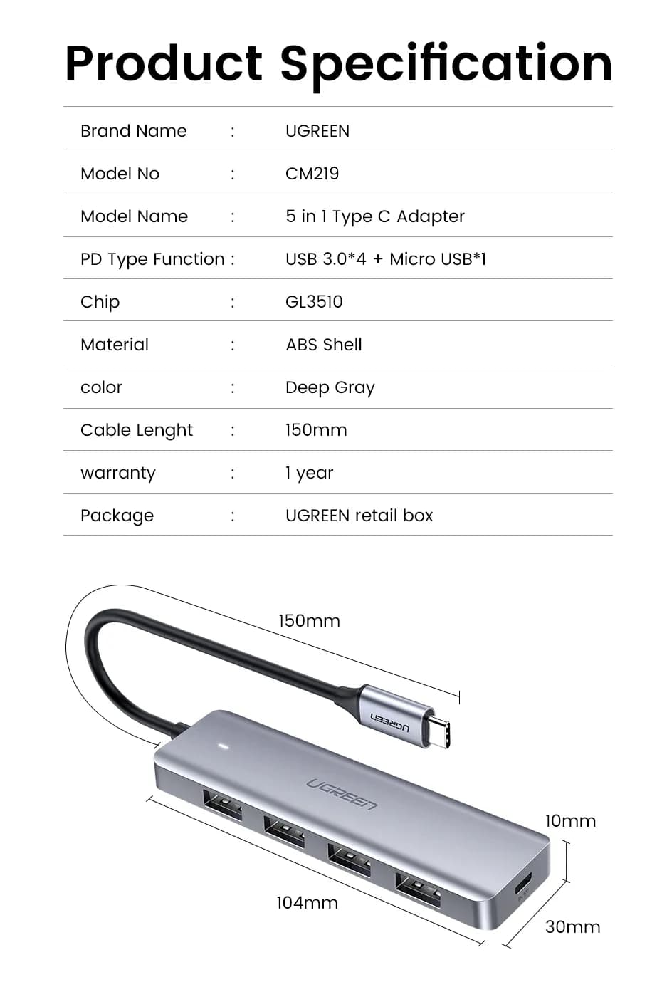 Ugreen 70336 nodo concentrador USB 3.2 Gen 1 (3.1 Gen 1) Type-C 5000 M 12