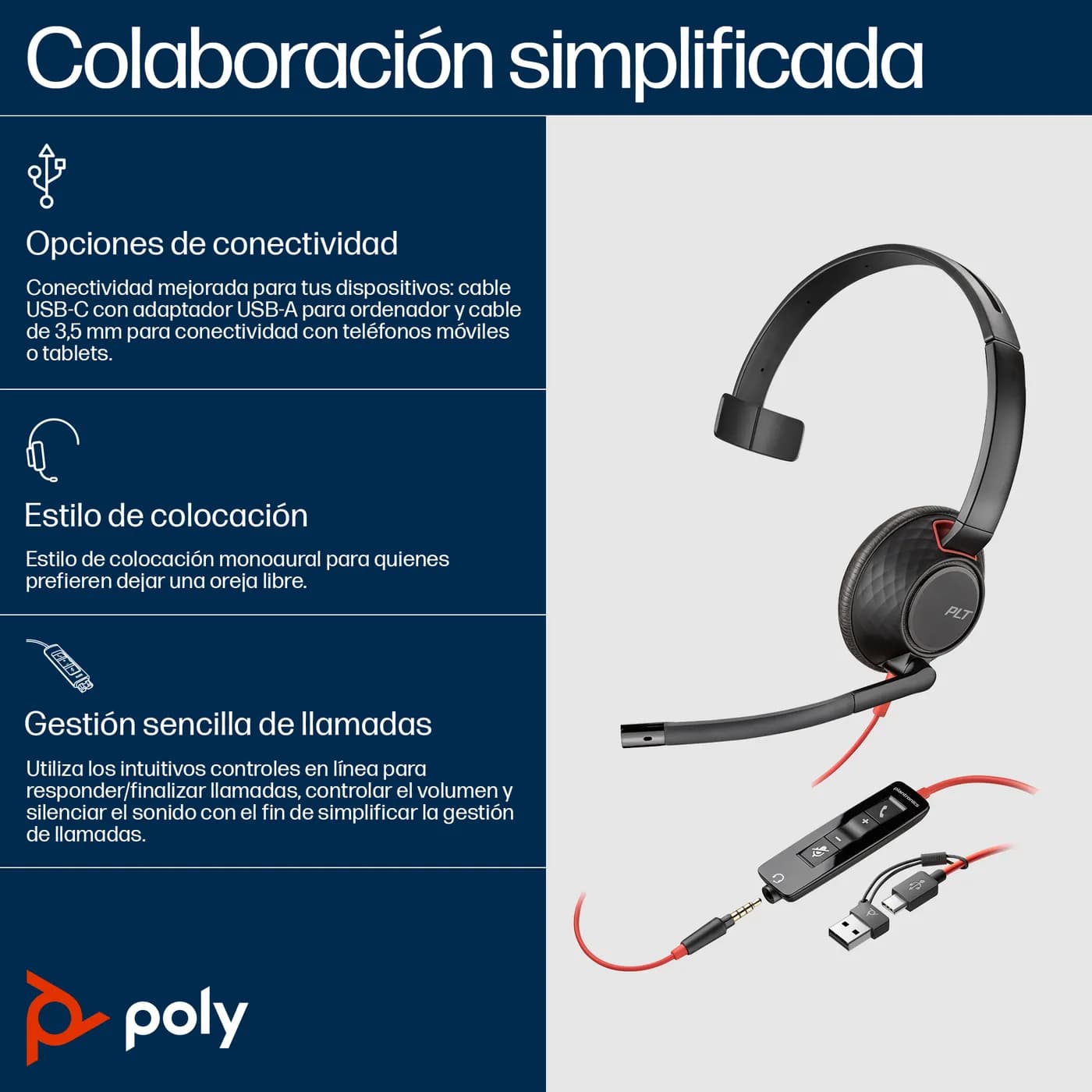 HP Poly Auriculares monoaurales USB-C Poly Blackwire 5210 + conector d 3