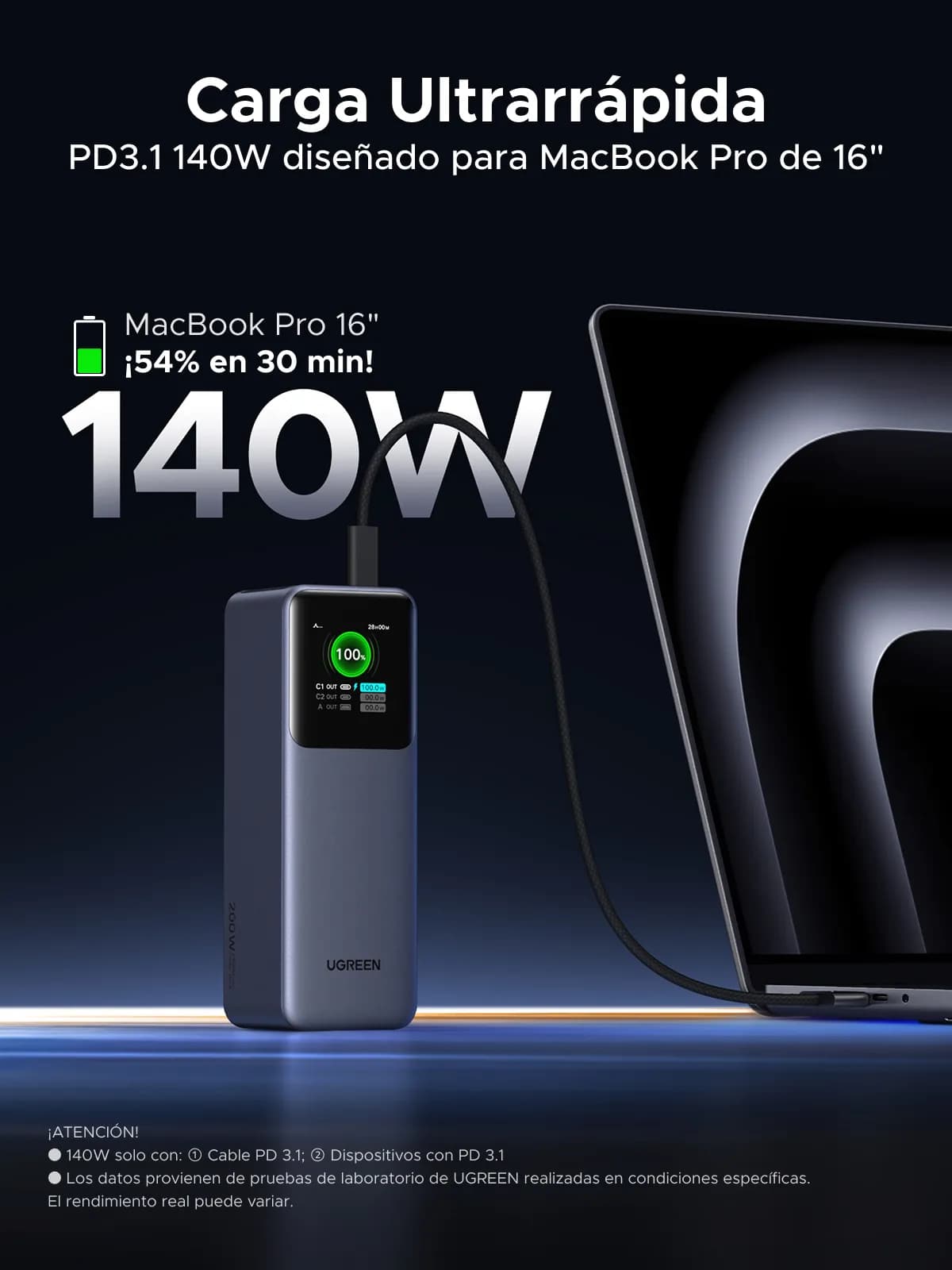 Ugreen 25000mAh 200W Fast Charging Powerbank Gris 12