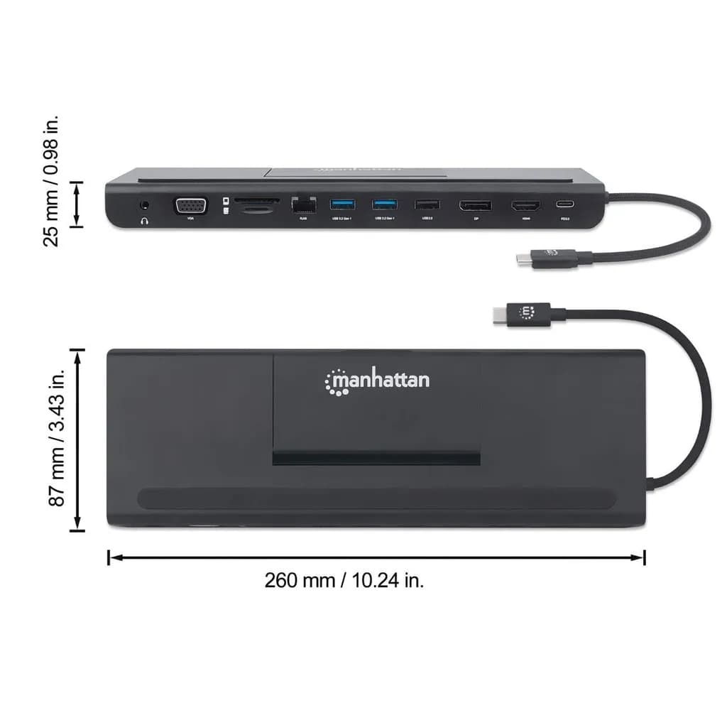 Manhattan Docking station de USB-C a 11 puertos, para tres monitores,  10