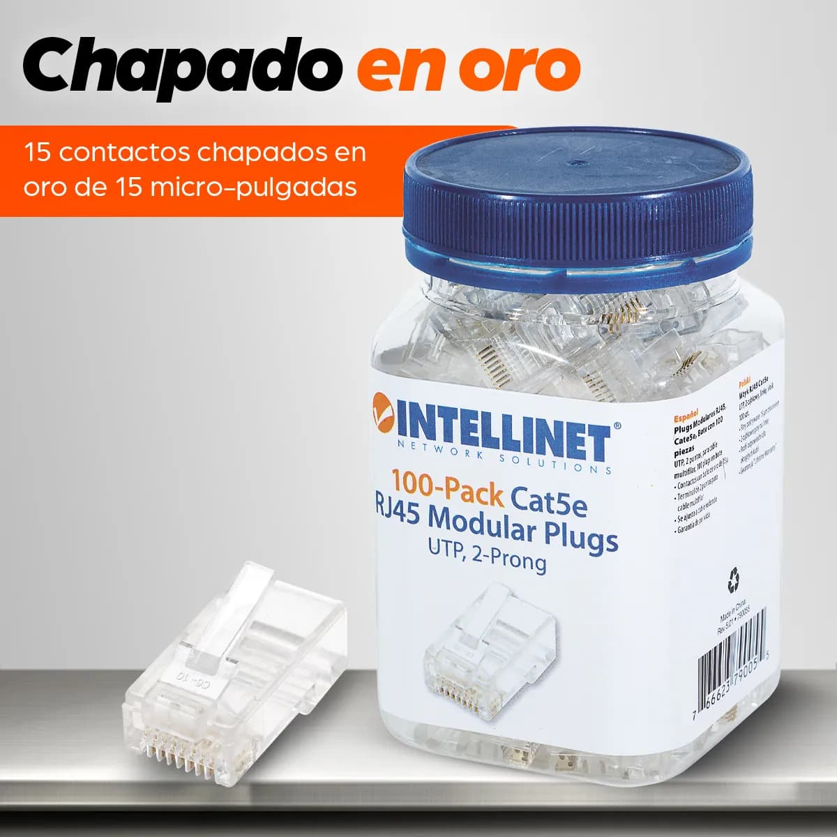 Intellinet PLUG RJ45 CAT5E MULTIFILAR UTP BOTE 100 PZAS ORO 15-MICRAS 5