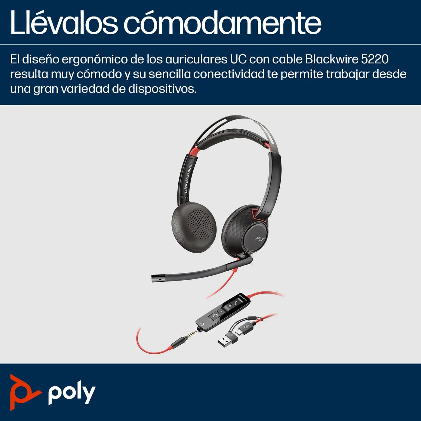 HP Poly Auriculares estéreo Poly Blackwire 5220 + conector de 3,5 mm + 6