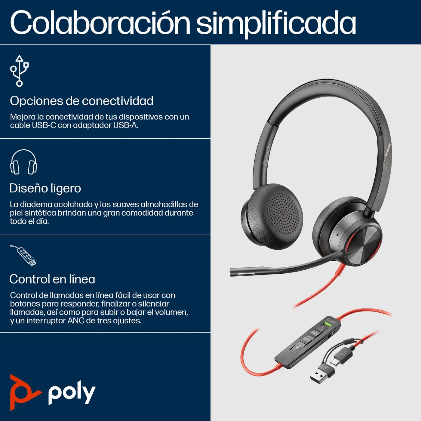 HP Poly Auriculares estéreo USB-C Poly Blackwire 8225 + adaptador USB- 2