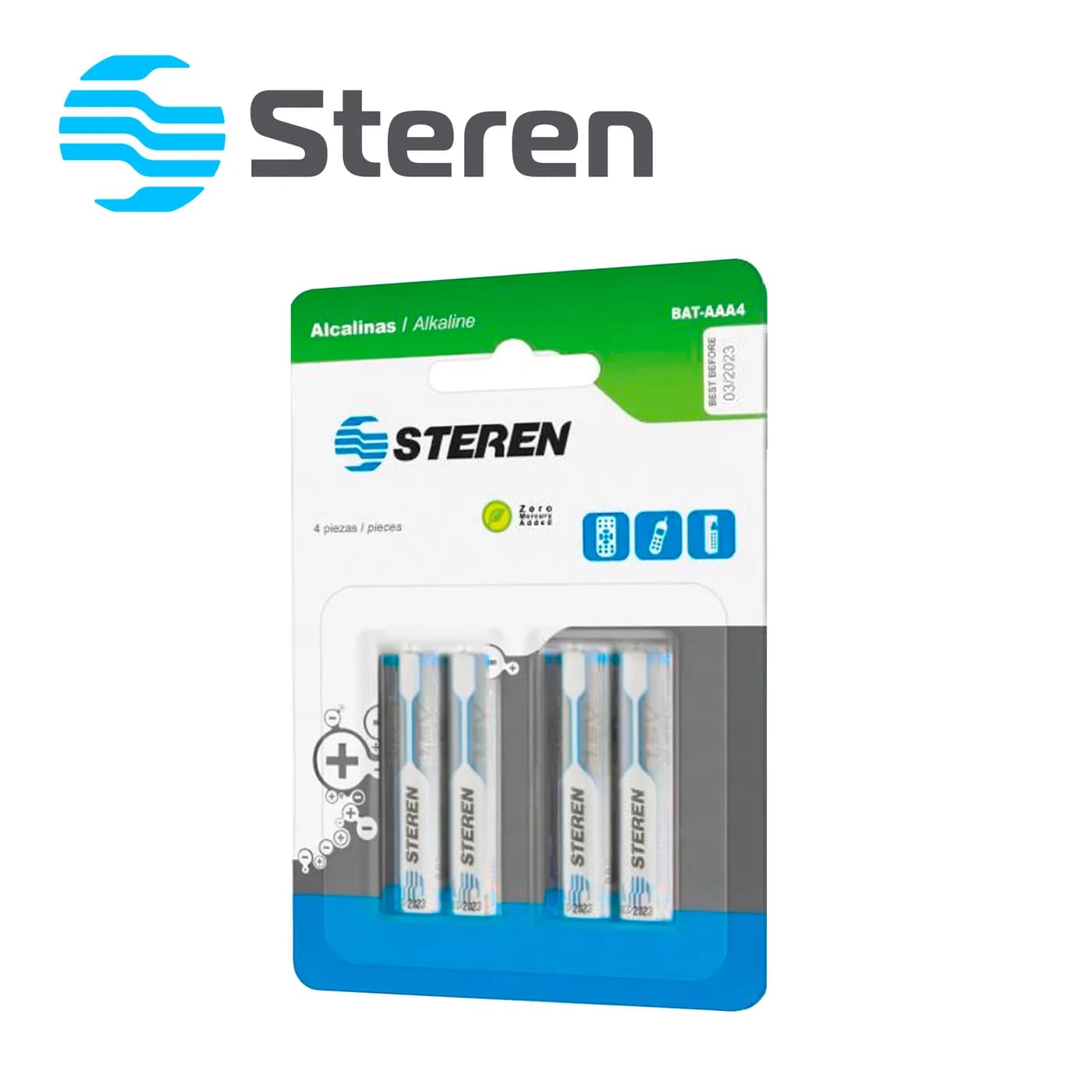 PAQUETE DE 4 BATERIAS ALCALINAS AAA DE 1,5 VOLTS STEREN BAT-AAA4 2