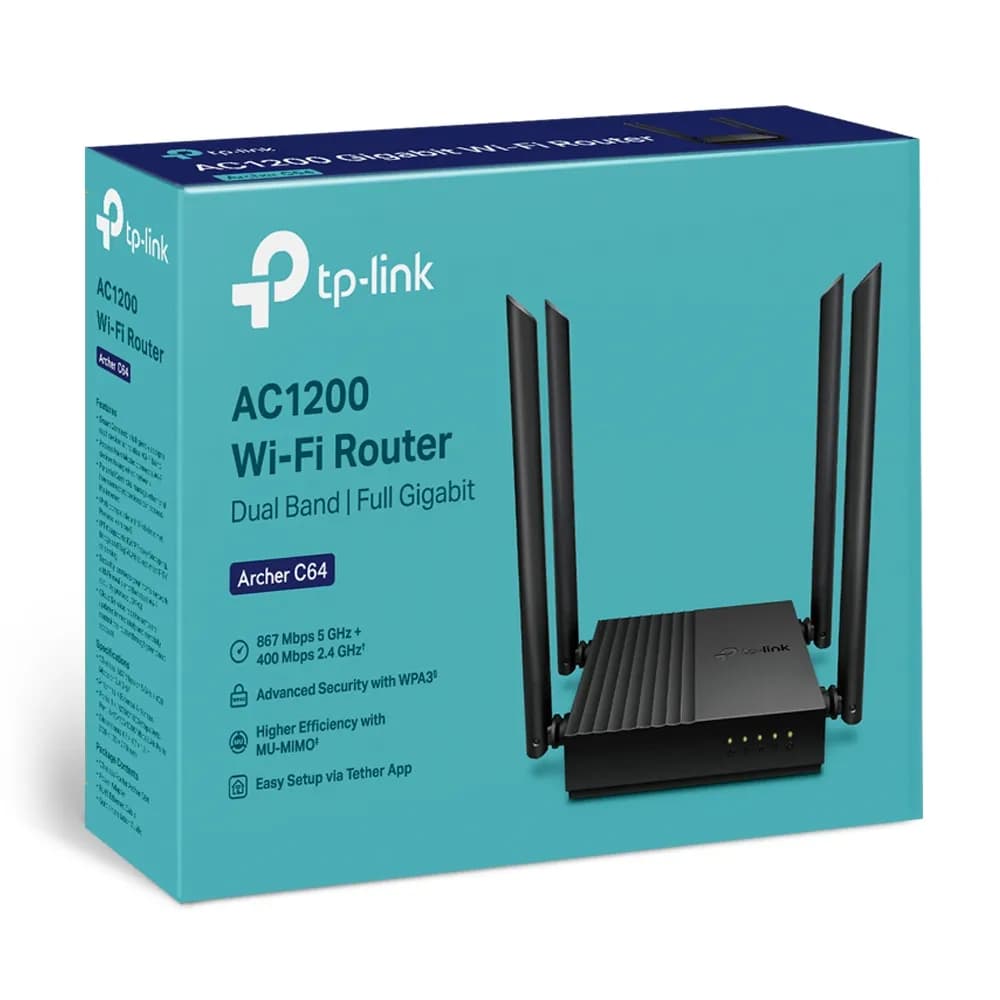 ROUTER INALAMBRICO TP-LINK ARCHER C64  AC1200 DUAL BAND/400MBPS 2.4GHZ 4