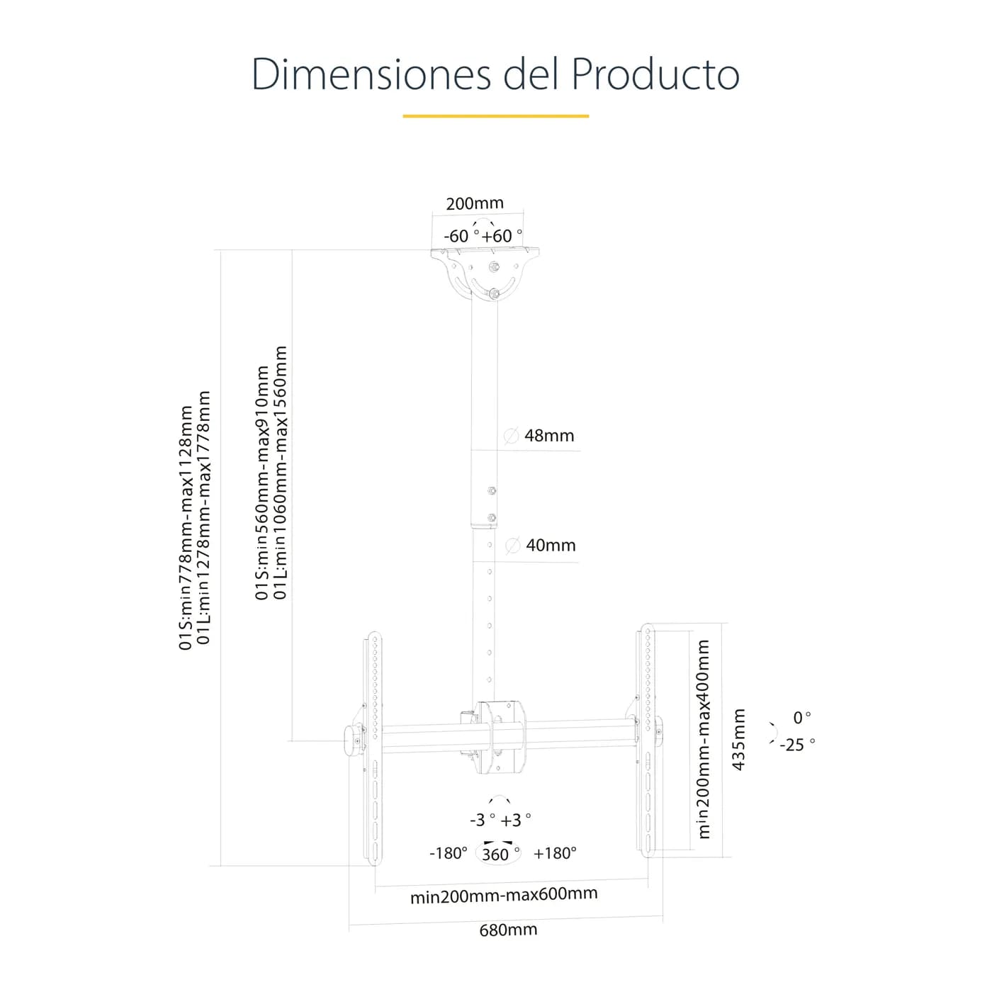 StarTech.com Soporte de Techo para TV - Mástil de 3,5' a 5' 16