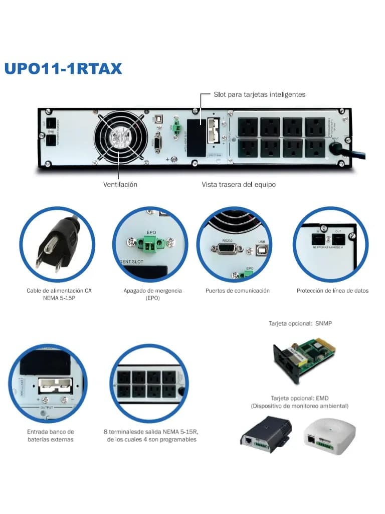 CDP UPO11-1RT AX - UPS de 1000VA y 1000W con 8 terminales, 4 programab 3