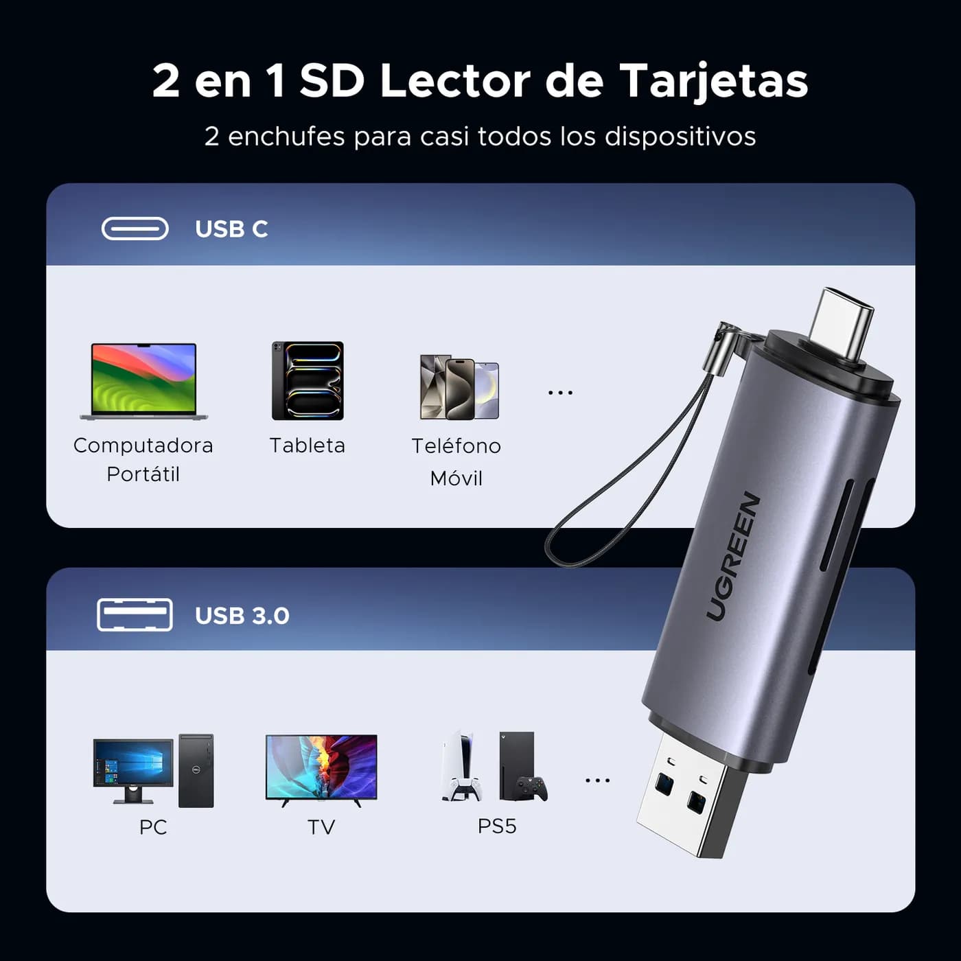 Ugreen 50706 lector de tarjeta USB/Micro-USB Plata 4